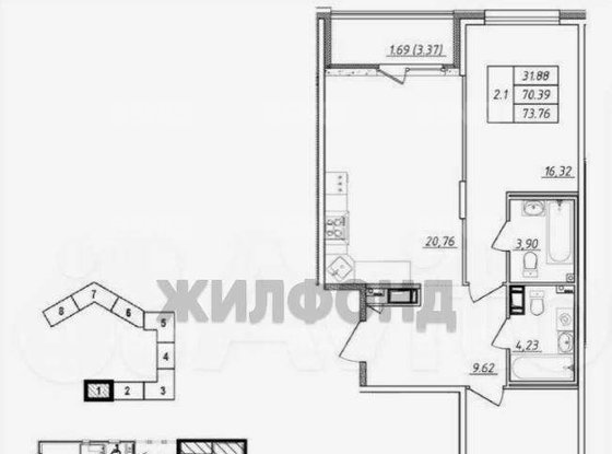 Продажа двухкомнатной квартиры -  д.1 